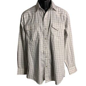 Vintage 80s Western Pearl Snap Shirt L White Plaid Long Sleeves Collar Pockets